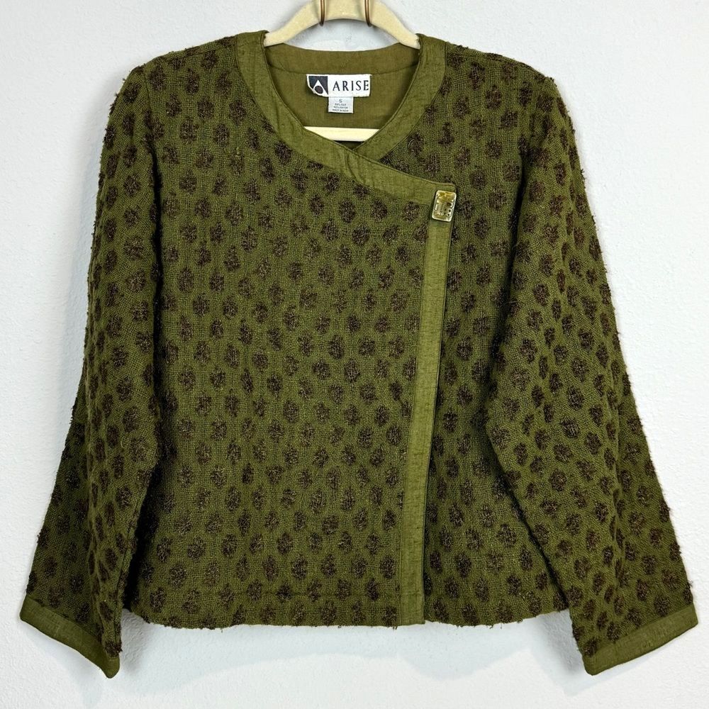 Vintage 90s Arise Green Silk Blend Woven Quilted Interior Wrap Jacket S